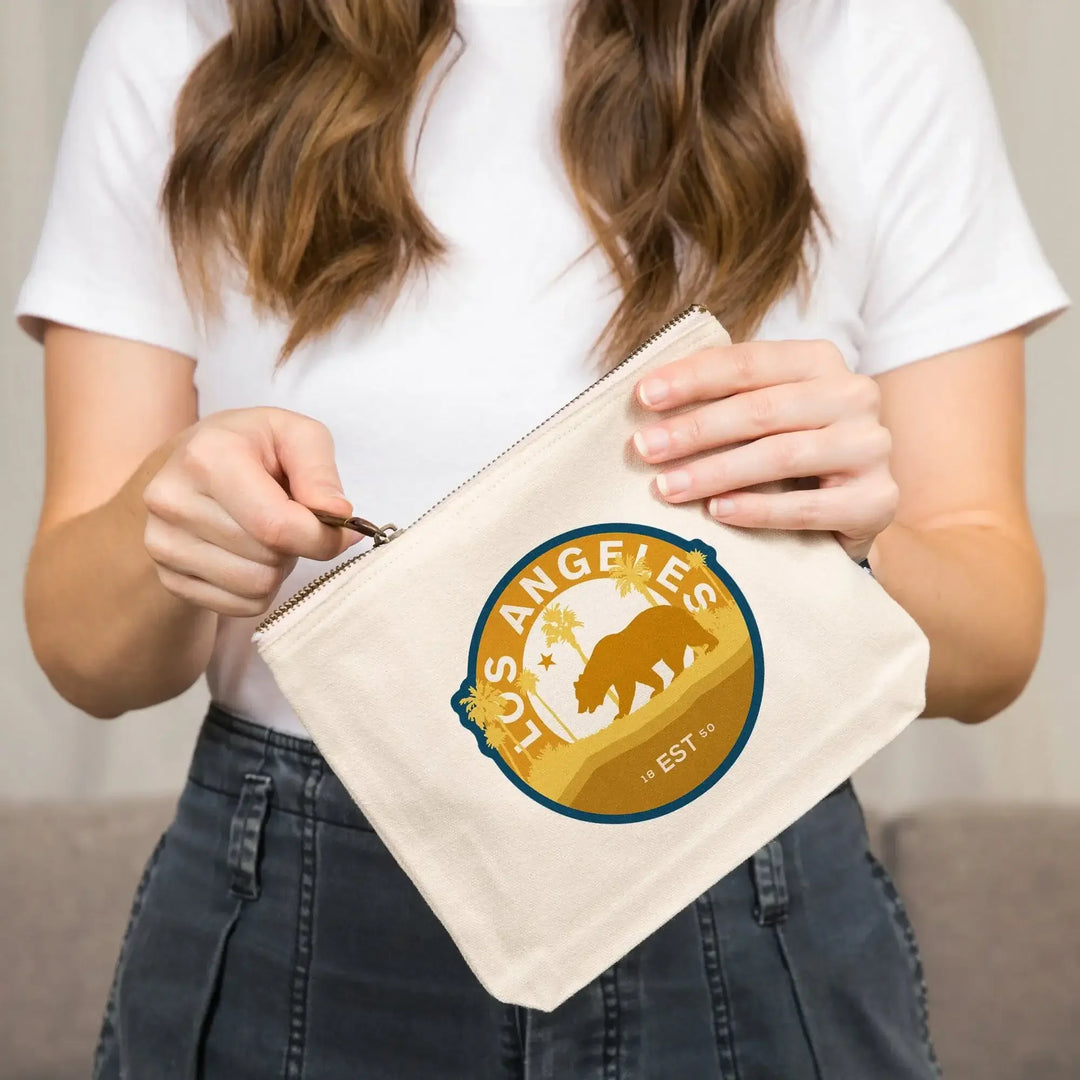 Los Angeles, California, Vintage Circular Bear , Yellow, Organic Cotton Zipper Pouch, Go Bag Go Bag Lantern Press 