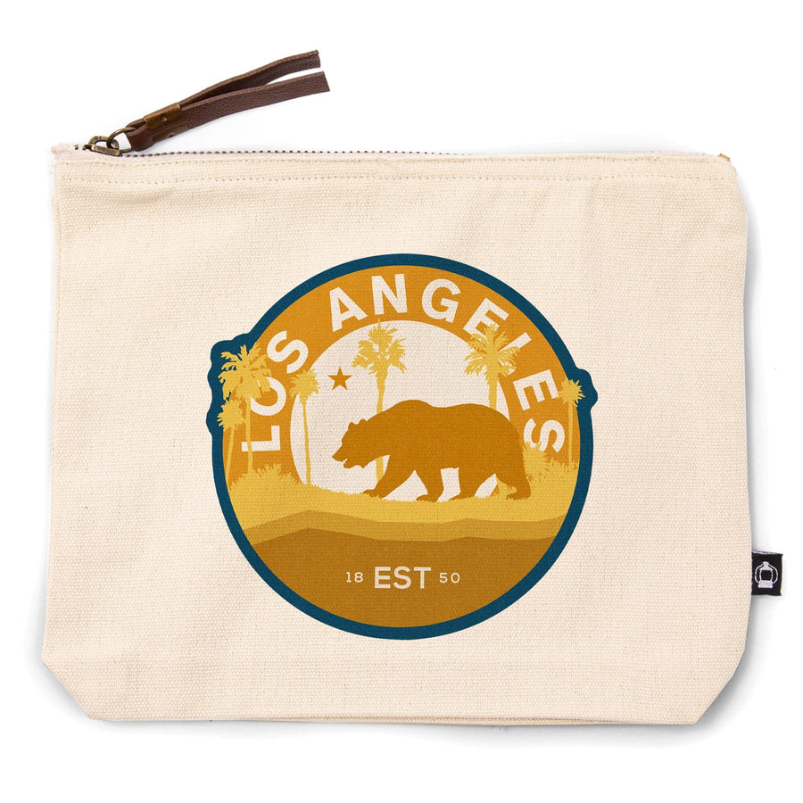 Los Angeles, California, Vintage Circular Bear , Yellow, Organic Cotton Zipper Pouch, Go Bag Go Bag Lantern Press 