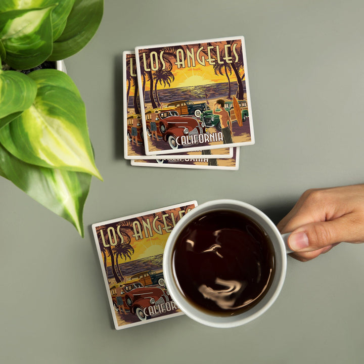 Los Angeles, California, Woodies and Sunset, Coasters Coasters Lantern Press 