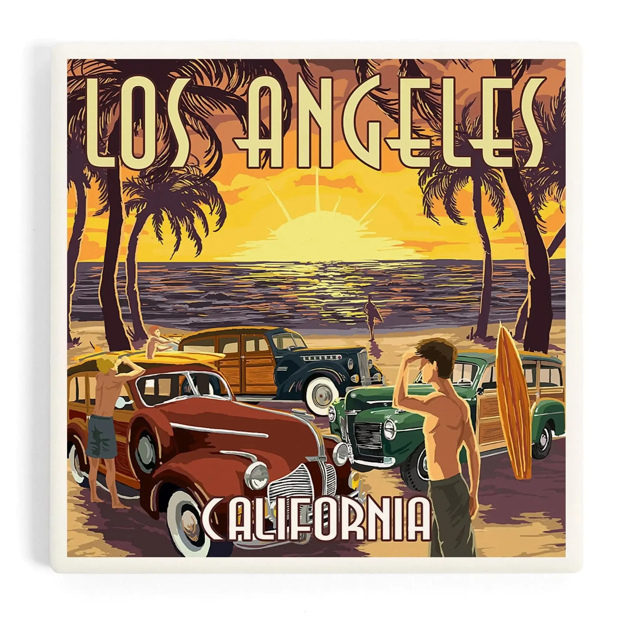Los Angeles, California, Woodies and Sunset ceramic coaster set