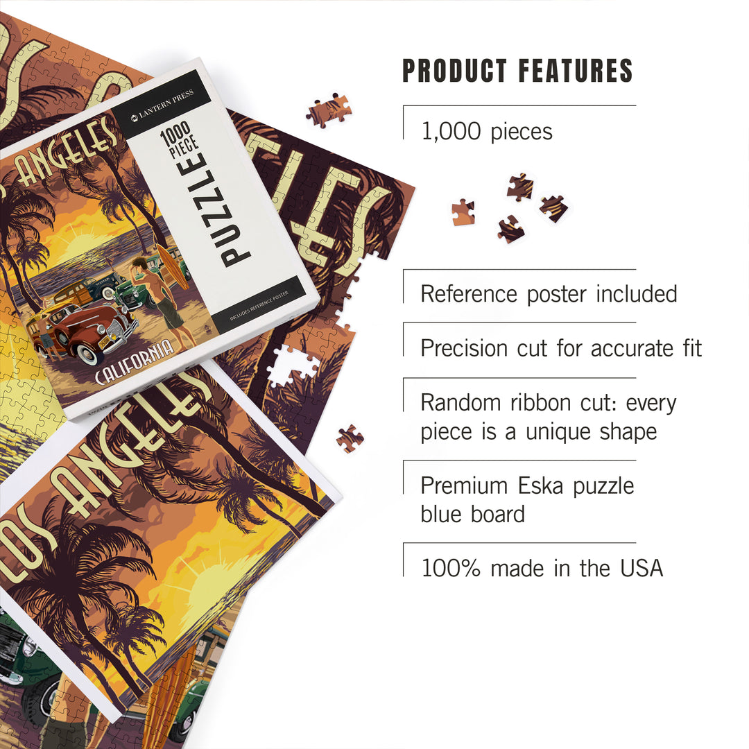 Los Angeles, California, Woodies and Sunset, Jigsaw Puzzle Puzzle Lantern Press 