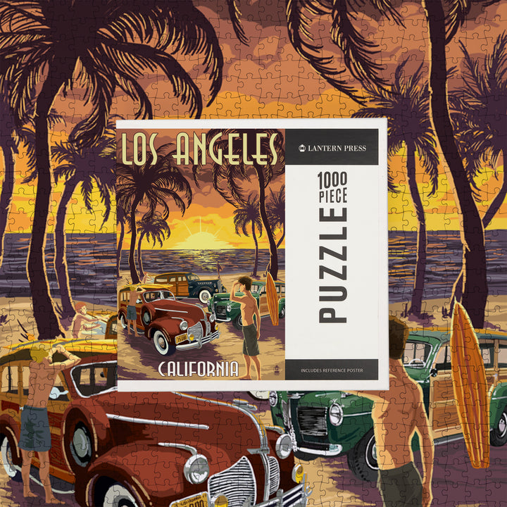 Los Angeles, California, Woodies and Sunset, Jigsaw Puzzle Puzzle Lantern Press 