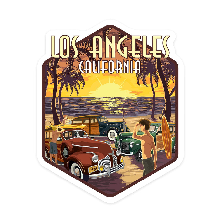 Los Angeles, California, Woodies & Sunset, Contour, Lantern Press Artwork, Vinyl Sticker Sticker Lantern Press 