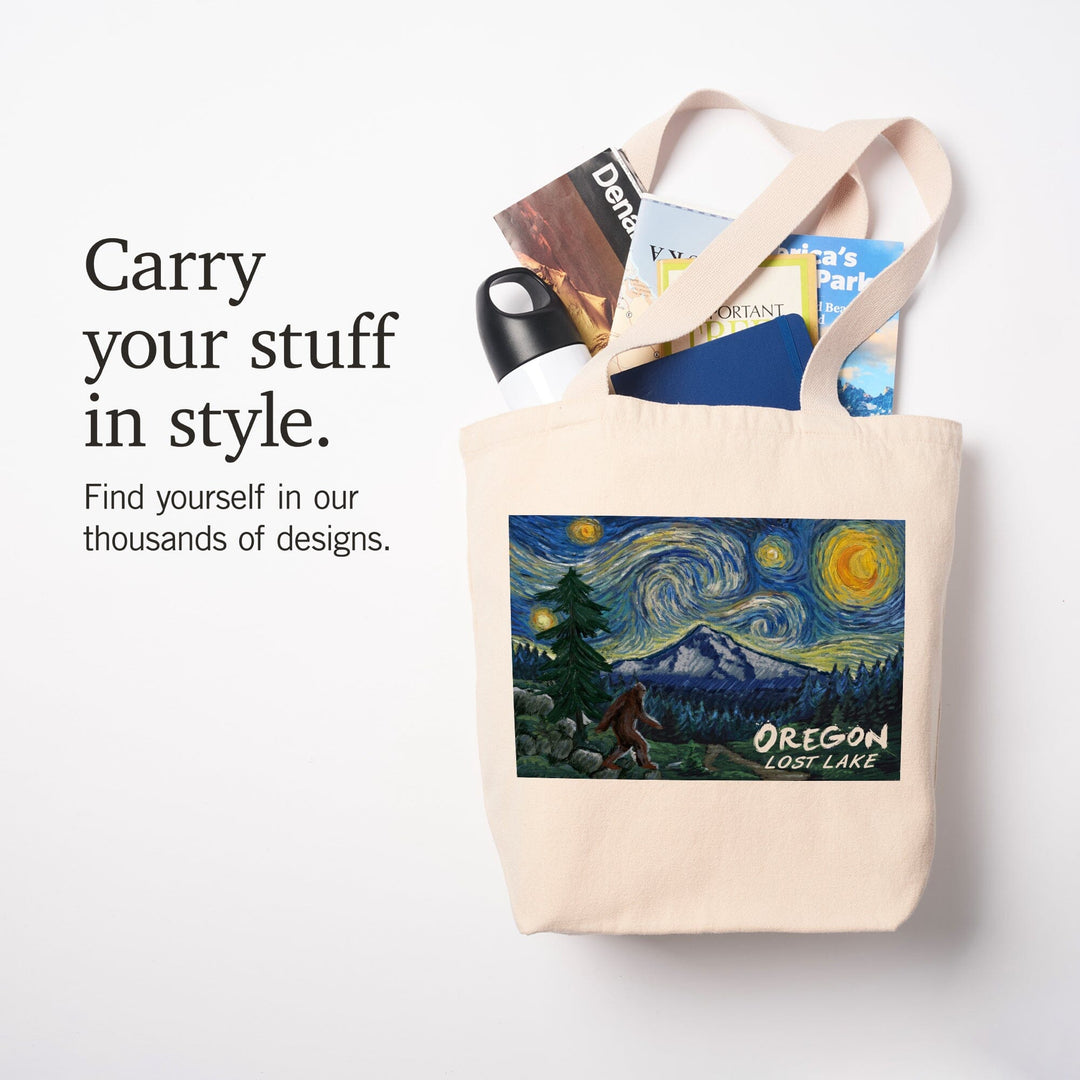 Lost Lake, Oregon, Bigfoot, Mt Hood, Starry Night, Lantern Press Artwork, Tote Bag - Lantern Press