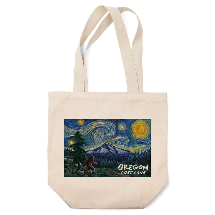 Lost Lake, Oregon, Bigfoot, Mt Hood, Starry Night, Lantern Press Artwork, Tote Bag - Lantern Press