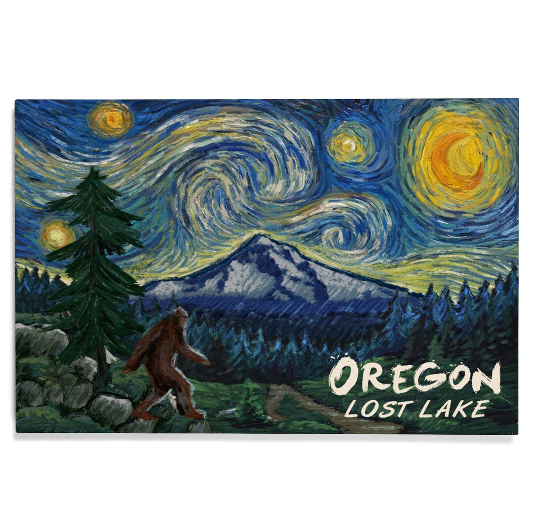 Lost Lake, Oregon, Bigfoot, Mt Hood, Starry Night, Lantern Press Artwork, Wood Signs and Postcards - Lantern Press