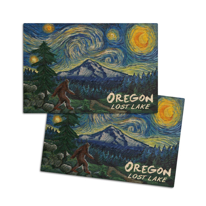 Lost Lake, Oregon, Bigfoot, Mt Hood, Starry Night, Lantern Press Artwork, Wood Signs and Postcards - Lantern Press