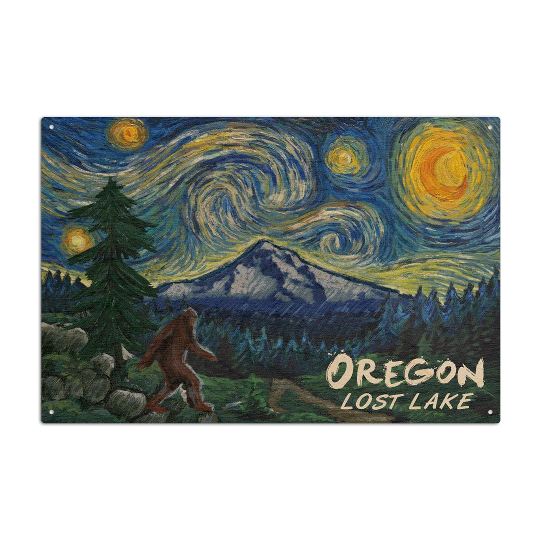 Lost Lake, Oregon, Bigfoot, Mt Hood, Starry Night, Lantern Press Artwork, Wood Signs and Postcards - Lantern Press