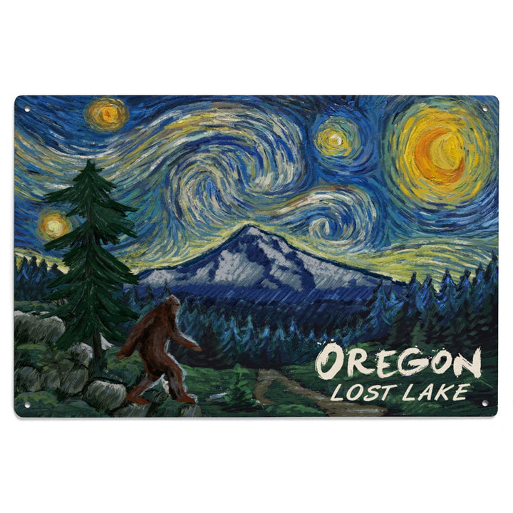 Lost Lake, Oregon, Bigfoot, Mt Hood, Starry Night, Lantern Press Artwork, Wood Signs and Postcards - Lantern Press