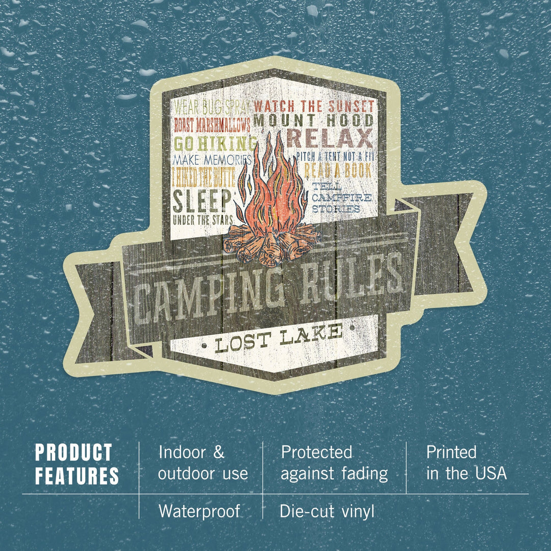 Lost Lake, Oregon, Camping Rules, Typography, Contour, Vinyl Sticker - Lantern Press