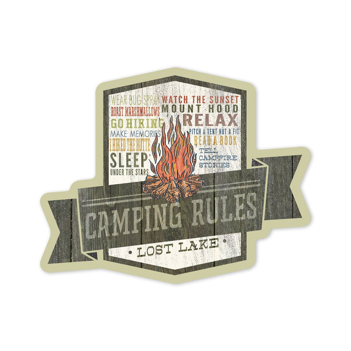 Lost Lake, Oregon, Camping Rules, Typography, Contour, Vinyl Sticker - Lantern Press