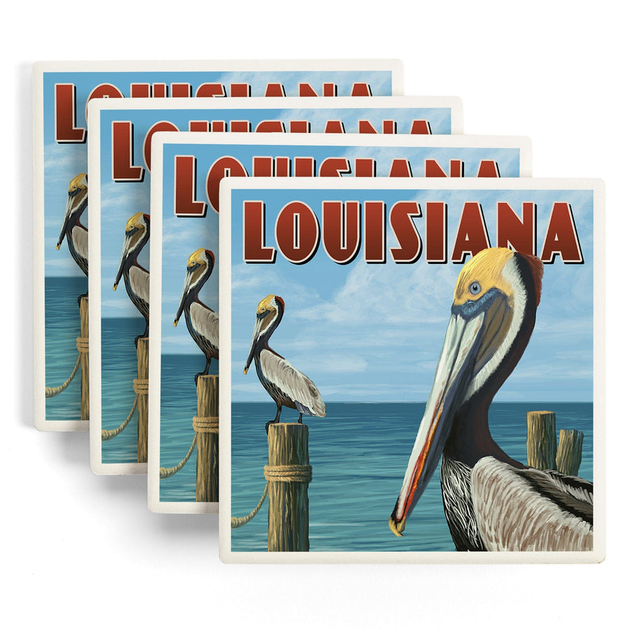 Louisiana, Brown Pelicans, Lantern Press Artwork, Coaster Set - Lantern Press