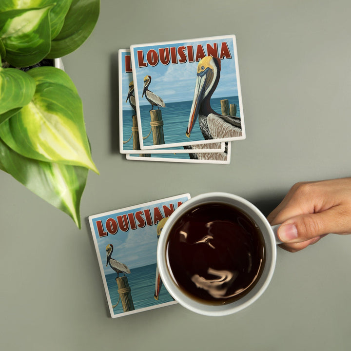 Louisiana, Brown Pelicans, Lantern Press Artwork, Coaster Set - Lantern Press