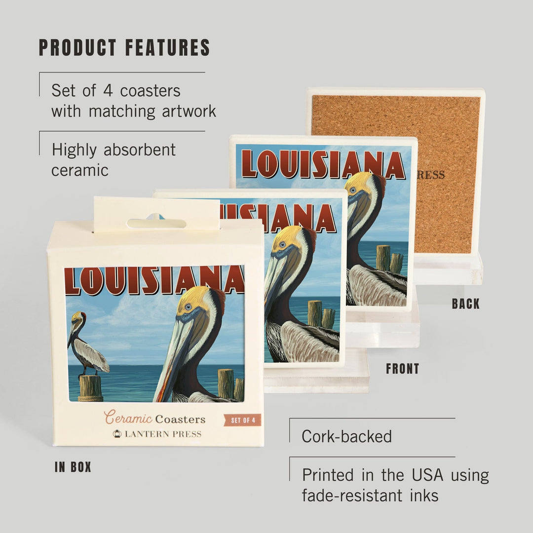 Louisiana, Brown Pelicans, Lantern Press Artwork, Coaster Set - Lantern Press