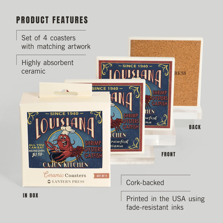 Louisiana, Cajun Kitchen Crawfish Vintage Sign, Coasters Coasters Lantern Press 