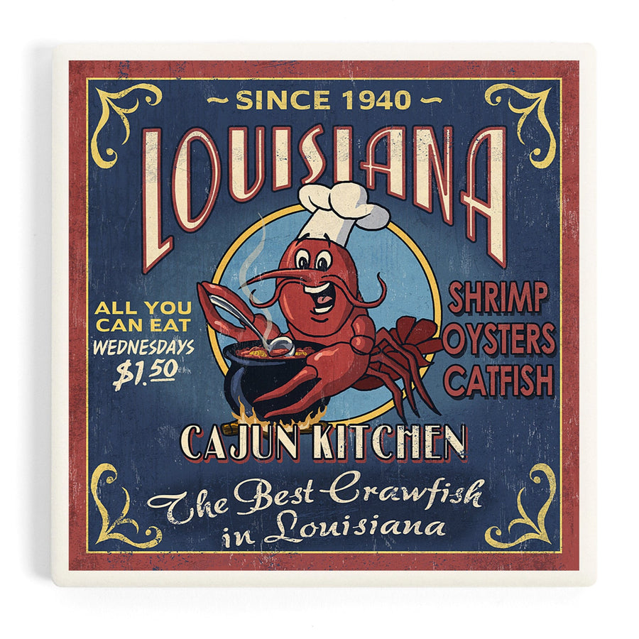 Louisiana, Cajun Kitchen Crawfish Vintage Sign, Coasters Coasters Lantern Press 