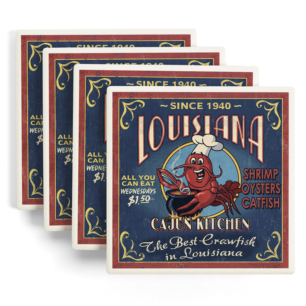 Louisiana, Cajun Kitchen Crawfish Vintage Sign, Coasters Coasters Lantern Press 