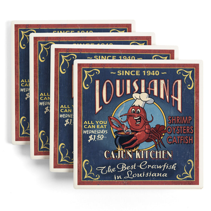 Louisiana, Cajun Kitchen Crawfish Vintage Sign, Coasters Coasters Lantern Press 