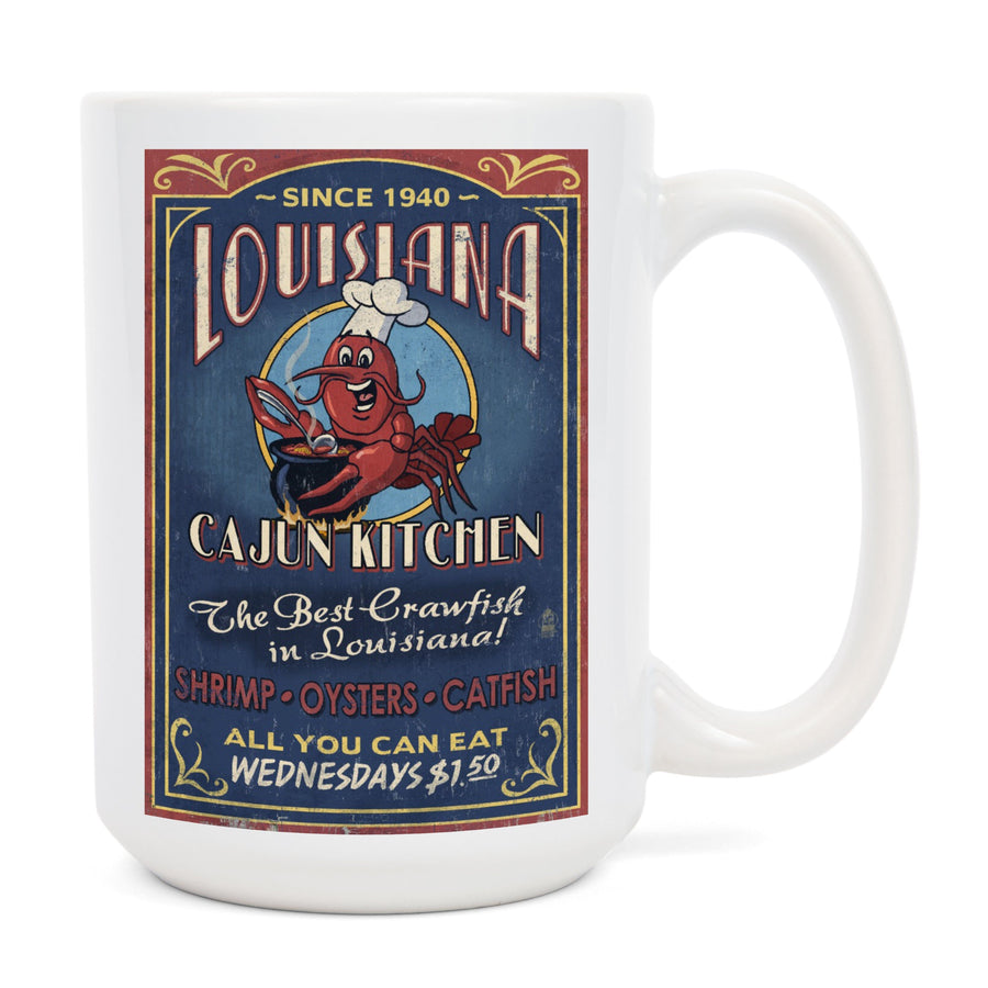 Louisiana, Cajun Kitchen Crawfish Vintage Sign, Lantern Press Artwork, Ceramic Mug Mugs Lantern Press 