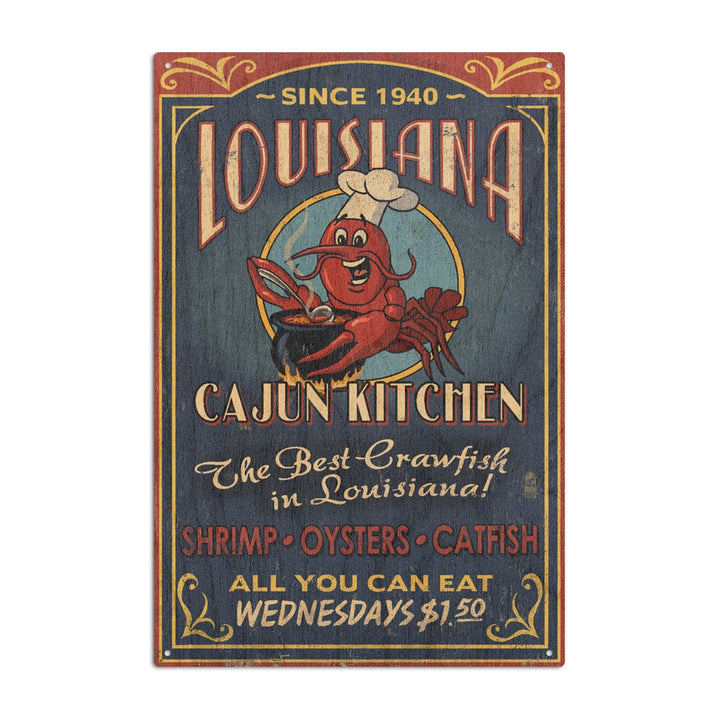 Louisiana, Cajun Kitchen Crawfish Vintage Sign, Lantern Press Artwork, Wood Signs and Postcards Wood Lantern Press 10 x 15 Wood Sign 