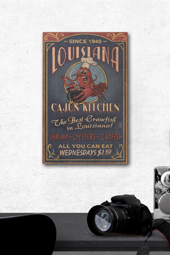 Louisiana, Cajun Kitchen Crawfish Vintage Sign, Lantern Press Artwork, Wood Signs and Postcards Wood Lantern Press 12 x 18 Wood Gallery Print 