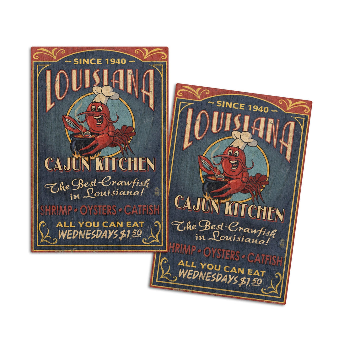 Louisiana, Cajun Kitchen Crawfish Vintage Sign, Lantern Press Artwork, Wood Signs and Postcards Wood Lantern Press 4x6 Wood Postcard Set 