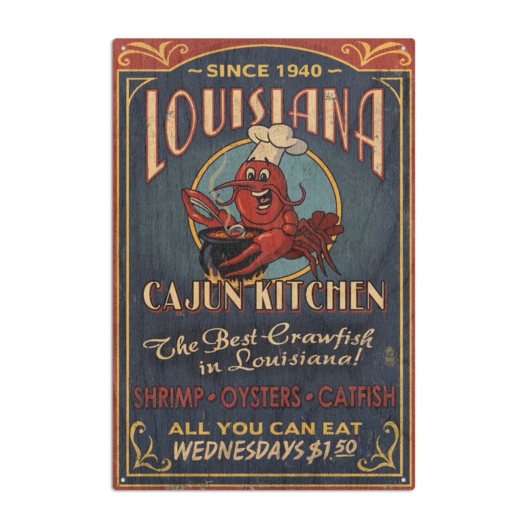 Louisiana, Cajun Kitchen Crawfish Vintage Sign, Lantern Press Artwork, Wood Signs and Postcards Wood Lantern Press 6x9 Wood Sign 