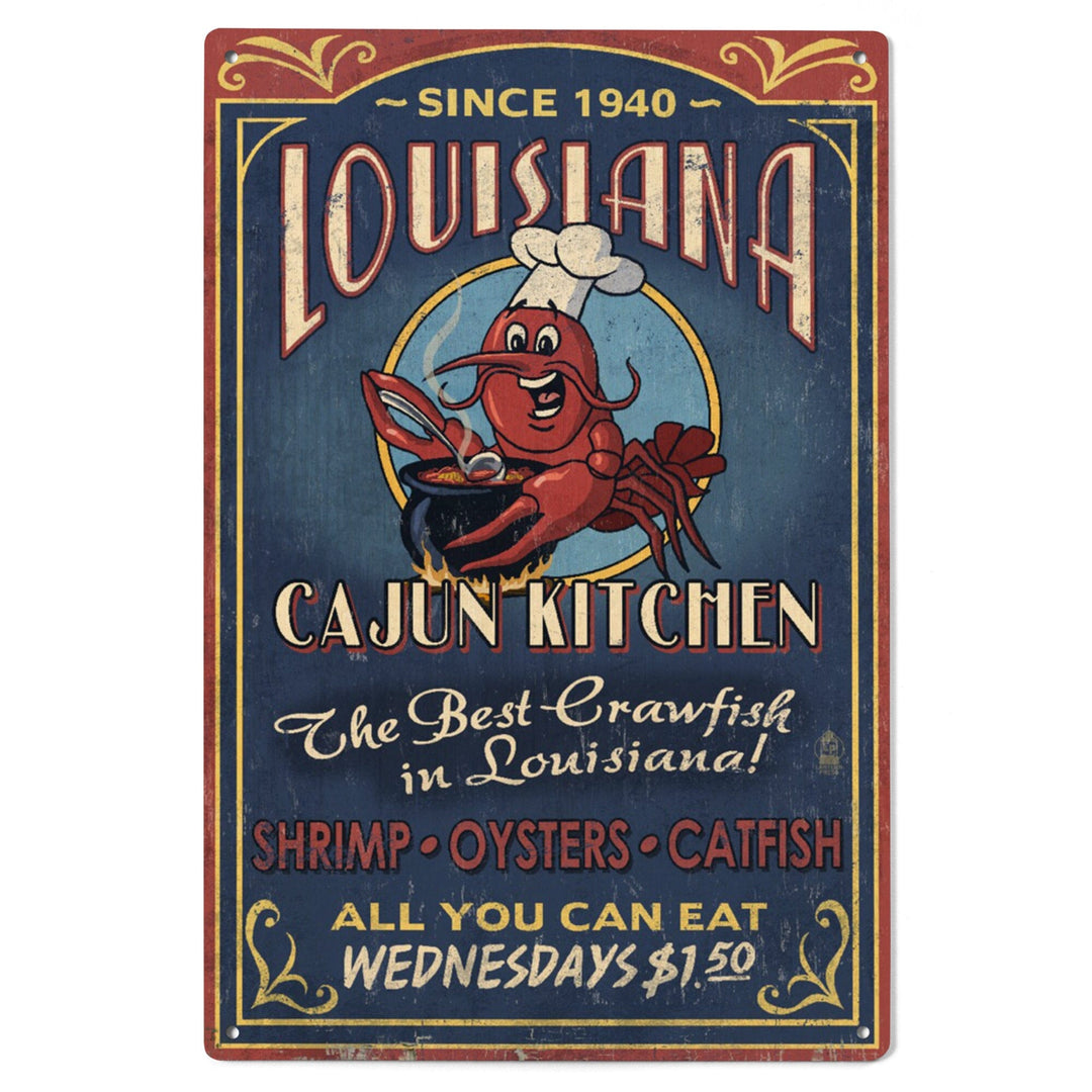 Louisiana, Cajun Kitchen Crawfish Vintage Sign, Lantern Press Artwork, Wood Signs and Postcards Wood Lantern Press 