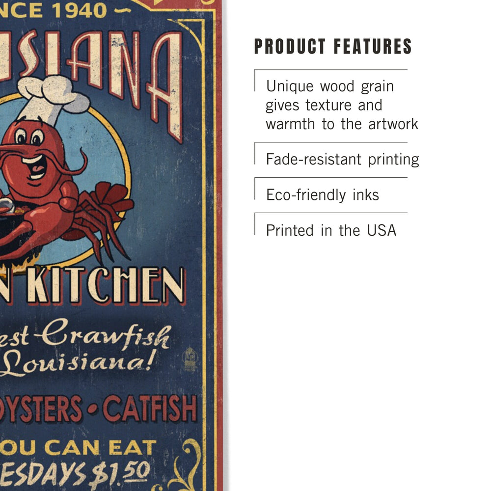 Louisiana, Cajun Kitchen Crawfish Vintage Sign, Lantern Press Artwork, Wood Signs and Postcards Wood Lantern Press 