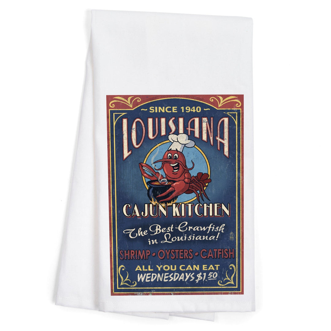 Louisiana, Cajun Kitchen Crawfish Vintage Sign, Organic Cotton Kitchen Tea Towels Kitchen Lantern Press 