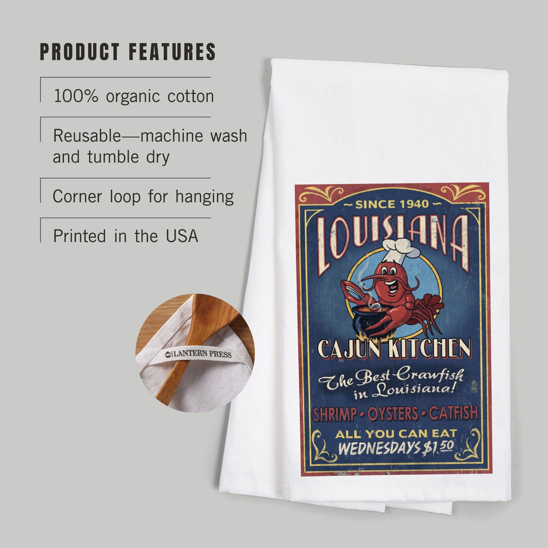Louisiana, Cajun Kitchen Crawfish Vintage Sign, Organic Cotton Kitchen Tea Towels Kitchen Lantern Press 