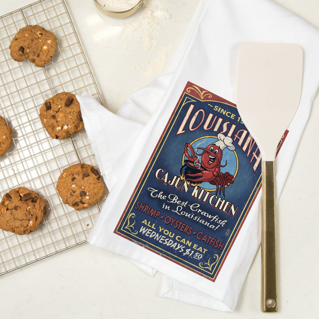 Louisiana, Cajun Kitchen Crawfish Vintage Sign, Organic Cotton Kitchen Tea Towels Kitchen Lantern Press 
