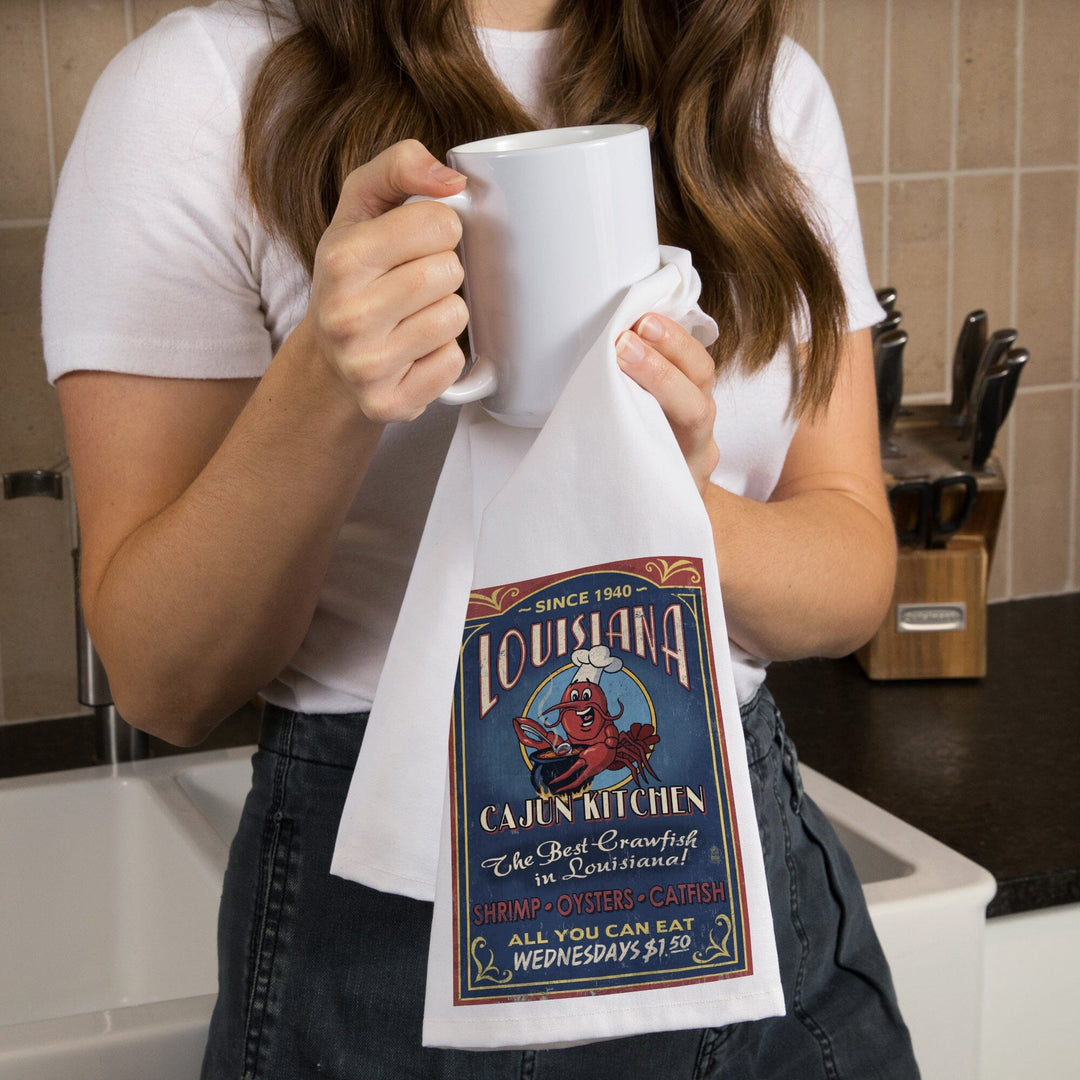 Louisiana, Cajun Kitchen Crawfish Vintage Sign, Organic Cotton Kitchen Tea Towels Kitchen Lantern Press 