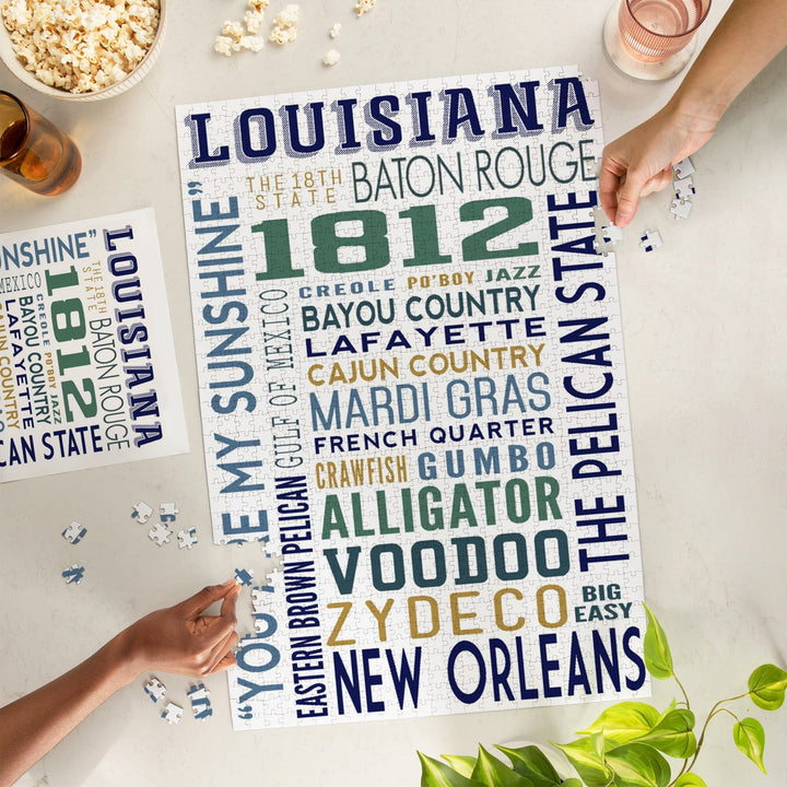 Louisiana, Typography, Jigsaw Puzzle Puzzle Lantern Press 