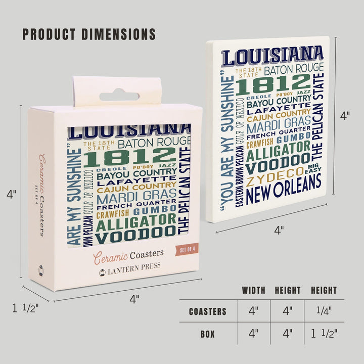 Louisiana, Typography, Lantern Press Artwork, Coaster Set - Lantern Press