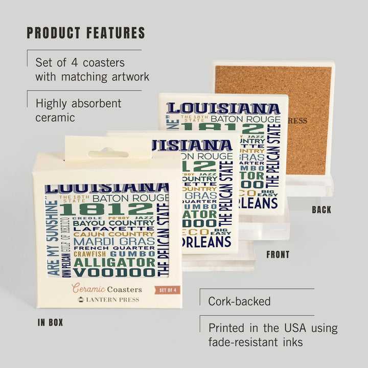 Louisiana, Typography, Lantern Press Artwork, Coaster Set - Lantern Press