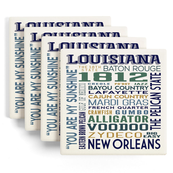 Louisiana, Typography, Lantern Press Artwork, Coaster Set - Lantern Press