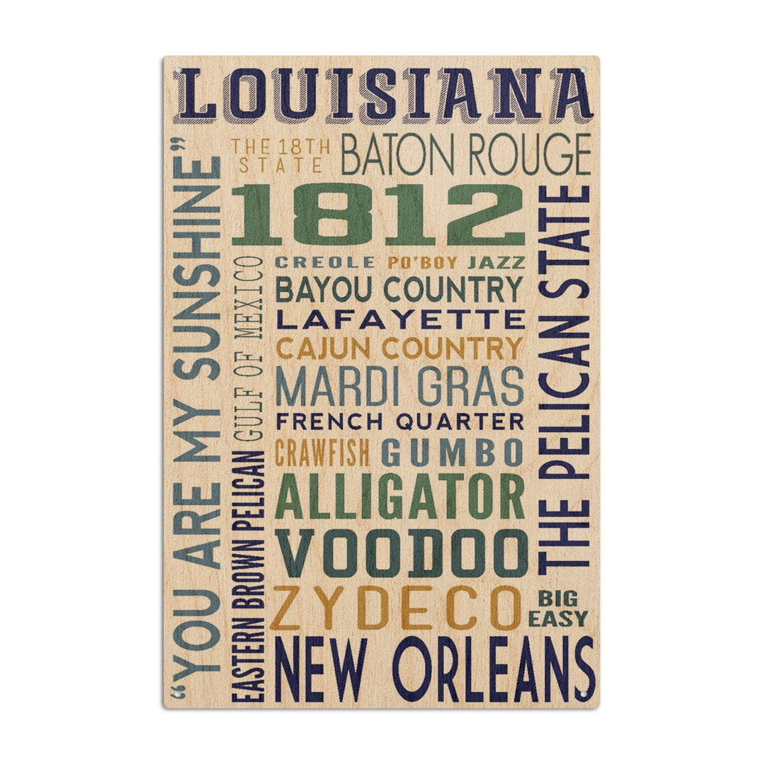 Louisiana, Typography, Lantern Press Artwork, Wood Signs and Postcards Wood Lantern Press 10 x 15 Wood Sign 