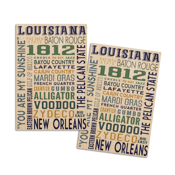 Louisiana, Typography, Lantern Press Artwork, Wood Signs and Postcards Wood Lantern Press 4x6 Wood Postcard Set 
