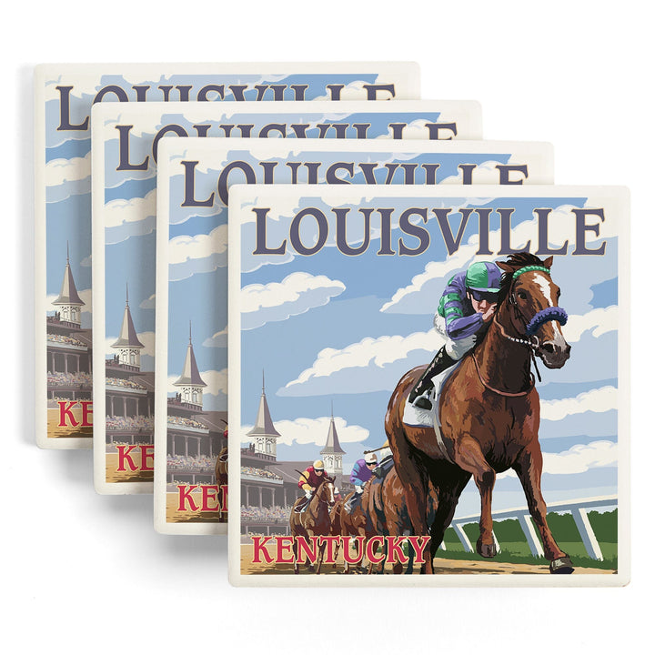 Louisville, Kentucky, Horse Racing Track Scene, Lantern Press Artwork, Coaster Set - Lantern Press