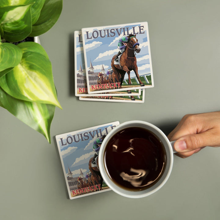 Louisville, Kentucky, Horse Racing Track Scene, Lantern Press Artwork, Coaster Set - Lantern Press