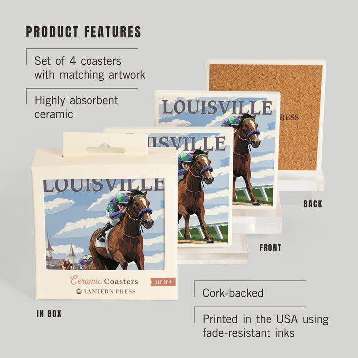 Louisville, Kentucky, Horse Racing Track Scene, Lantern Press Artwork, Coaster Set - Lantern Press