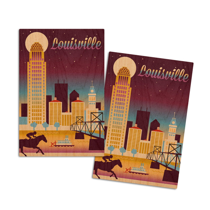 Louisville, Kentucky, Retro Skyline Chromatic Series, Lantern Press Artwork, Wood Signs and Postcards Wood Lantern Press 4x6 Wood Postcard Set 