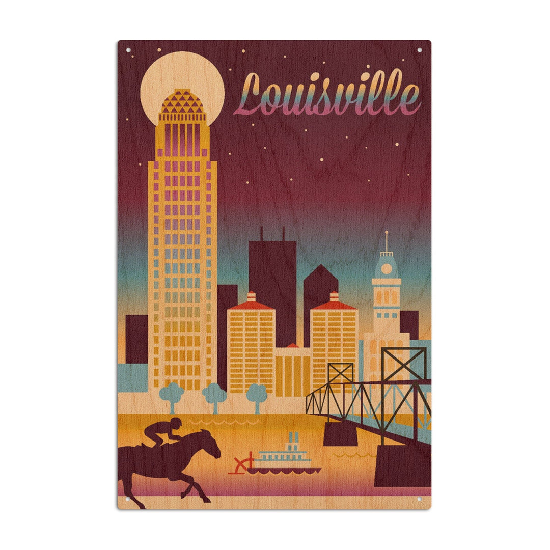 Louisville, Kentucky, Retro Skyline Chromatic Series, Lantern Press Artwork, Wood Signs and Postcards Wood Lantern Press 6x9 Wood Sign 