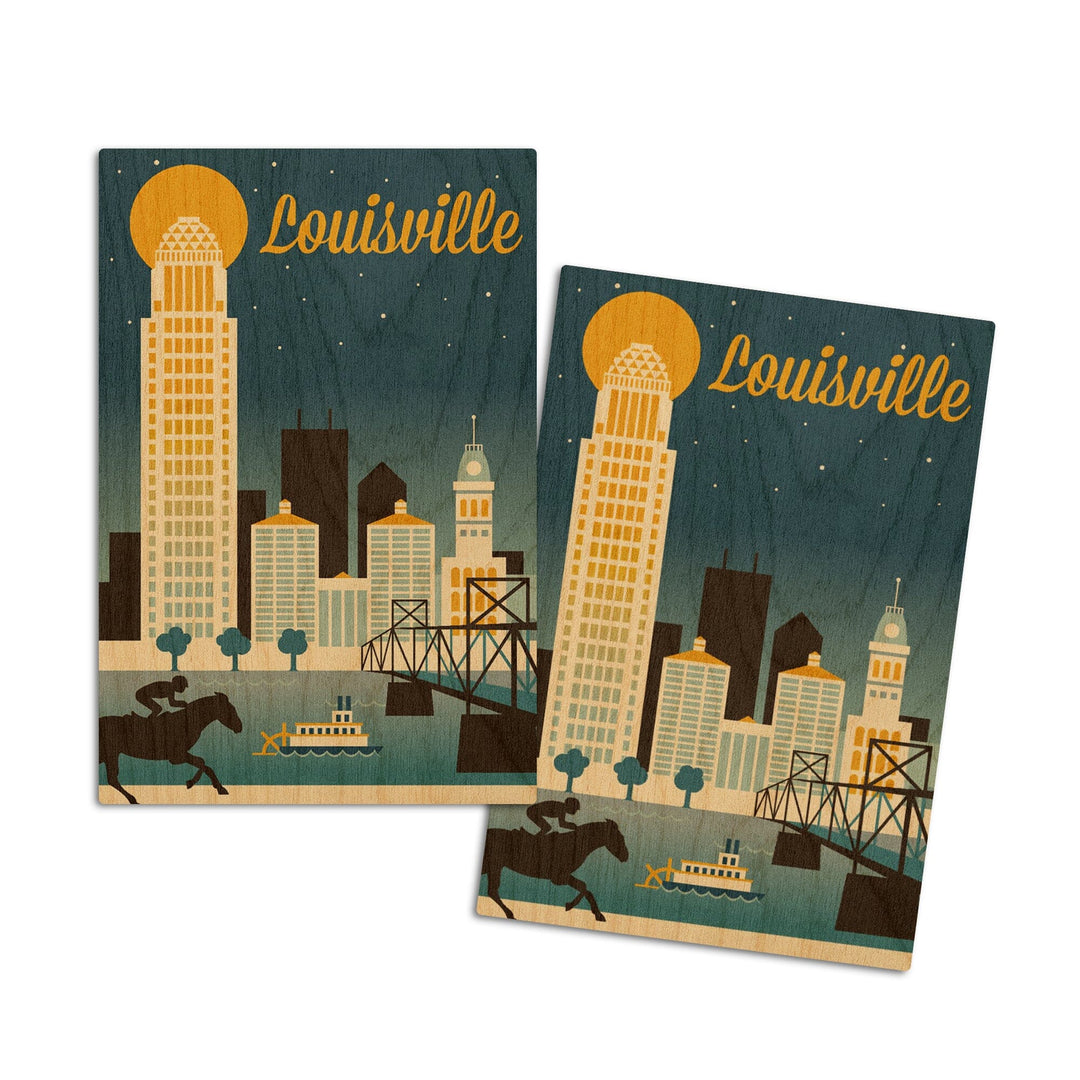 Louisville, Kentucky, Retro Skyline Classic Series, Lantern Press Artwork, Wood Signs and Postcards Wood Lantern Press 4x6 Wood Postcard Set 