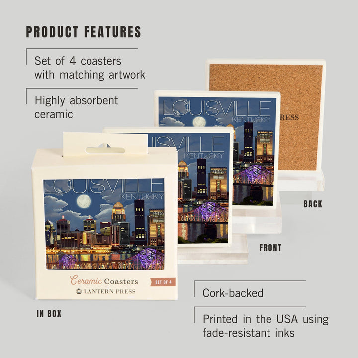 Louisville, Kentucky, Skyline at Night, Lantern Press Artwork, Coaster Set - Lantern Press