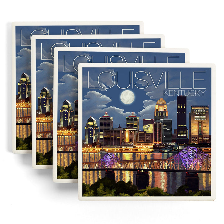 Louisville, Kentucky, Skyline at Night, Lantern Press Artwork, Coaster Set - Lantern Press