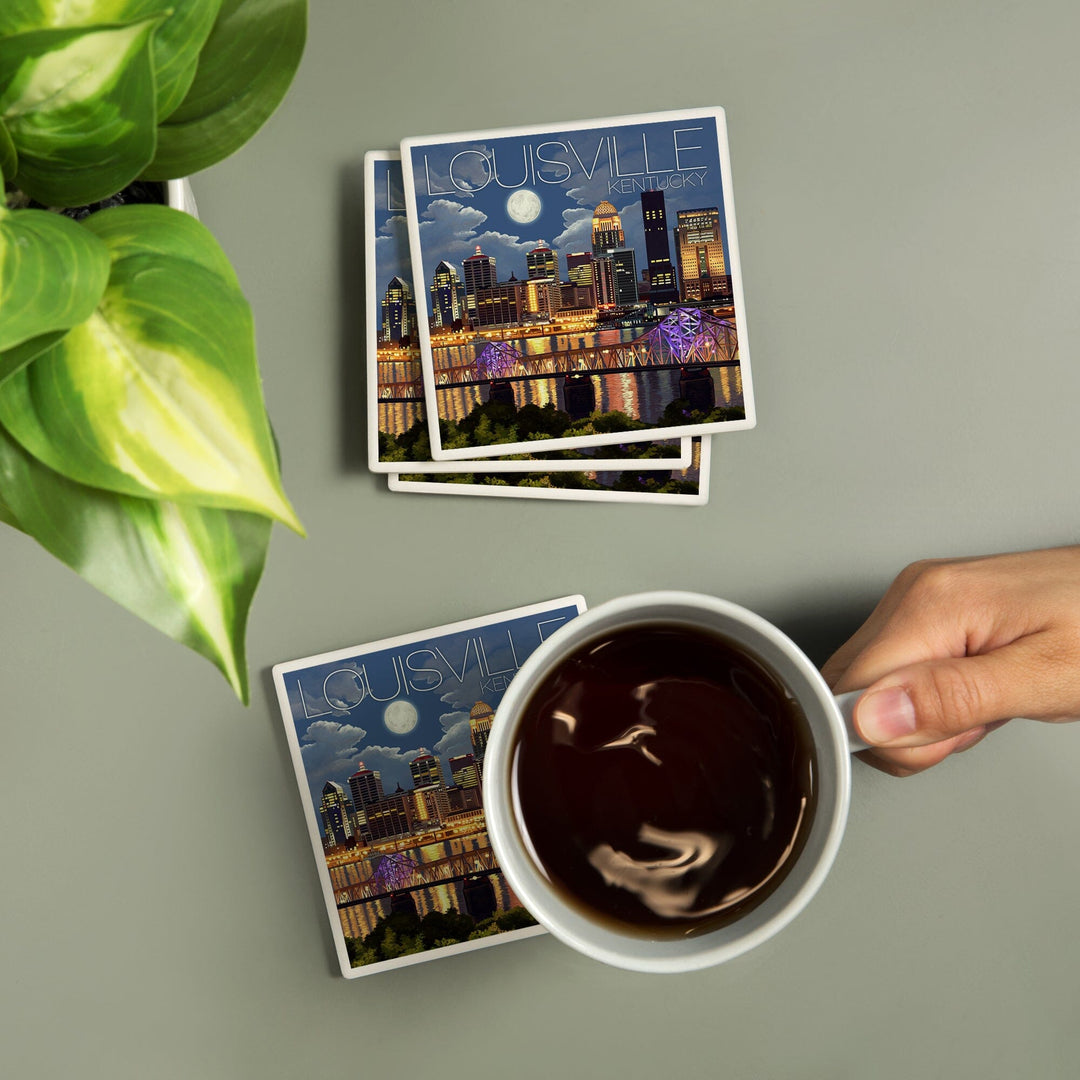 Louisville, Kentucky, Skyline at Night, Lantern Press Artwork, Coaster Set - Lantern Press