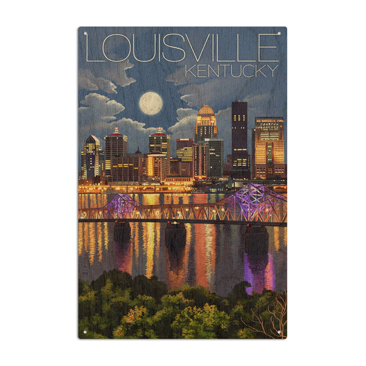 Louisville, Kentucky, Skyline at Night, Lantern Press Artwork, Wood Signs and Postcards Wood Lantern Press 10 x 15 Wood Sign 