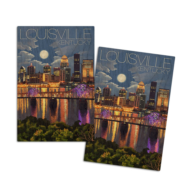 Louisville, Kentucky, Skyline at Night, Lantern Press Artwork, Wood Signs and Postcards Wood Lantern Press 4x6 Wood Postcard Set 